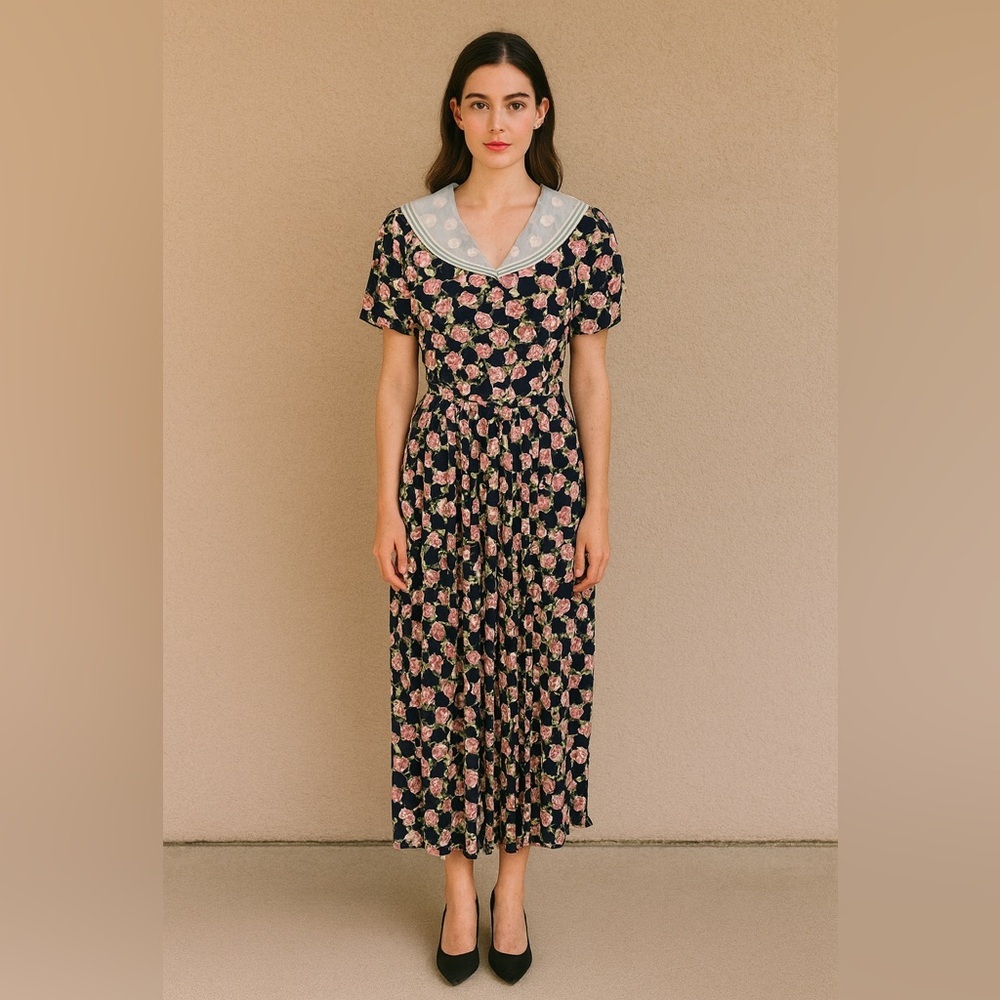 Vintage 80s Regencycore Navy Blue Floral Lace Cottagecore Maxi Dress Sz Medium